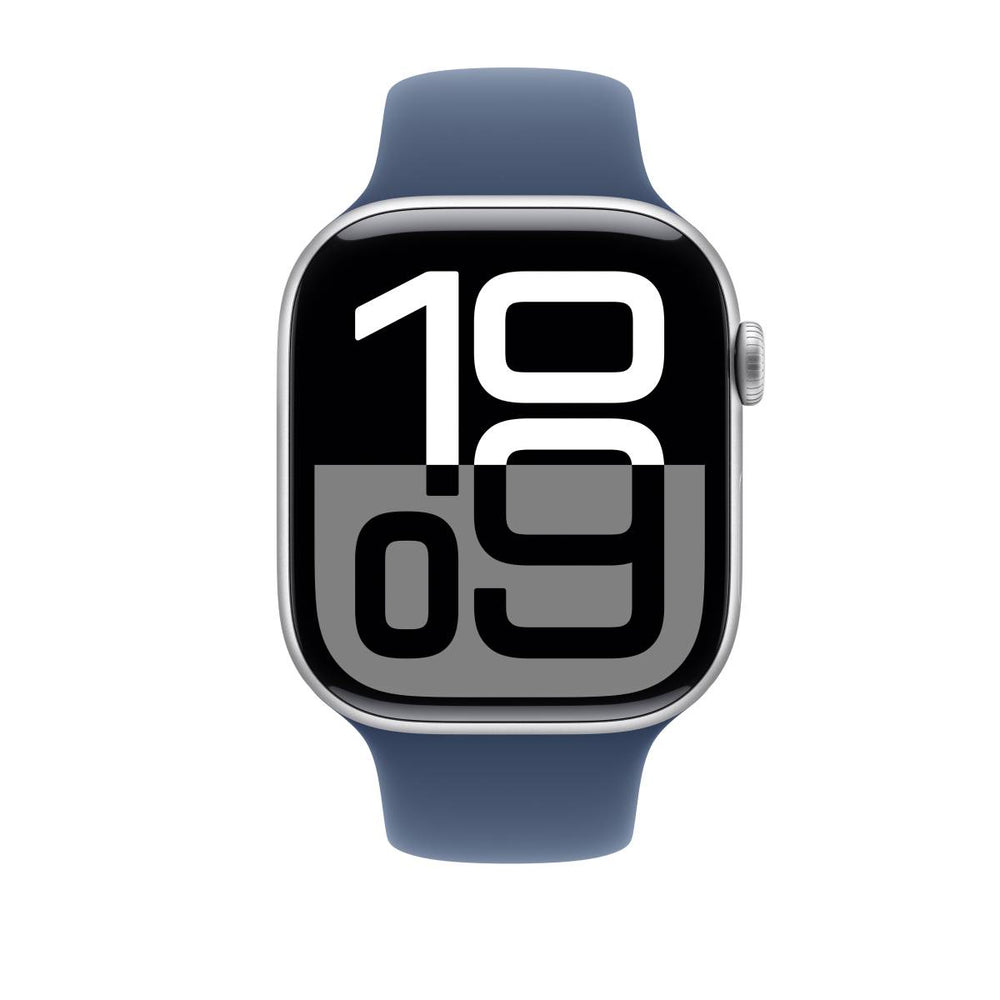 ساعة آبل واتش سيريس 10 - GPS - مقاس 42 ملم - بهيكل من الألومنيوم باللون الفضي مع سوار رياضي جينز بمقاس S/M ساعة آبل واتش سيريس 10 - GPS - مقاس 42 ملم - بهيكل من الألومنيوم باللون الفضي مع سوار رياضي جينز بمقاس S/M